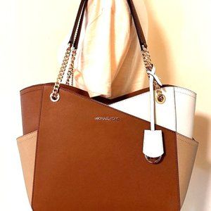 Michael Kors Brown Leather Camel Colorblock Purse & Swan Rhinestone Necklace